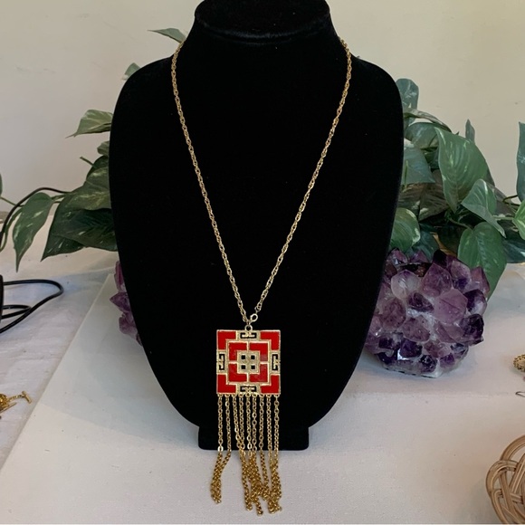 Asian Art Deco Red Enamel Dangling Chains Tassel Necklace Gold Tone Jewelry VTG - Picture 2 of 8